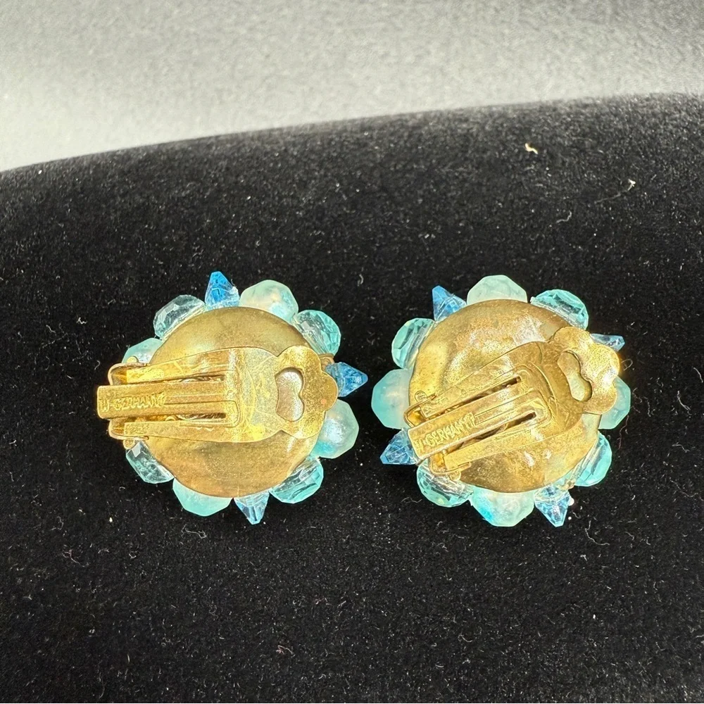 Vintage West Germany Signed 1950s Blue Cluster Earrings - Clip On